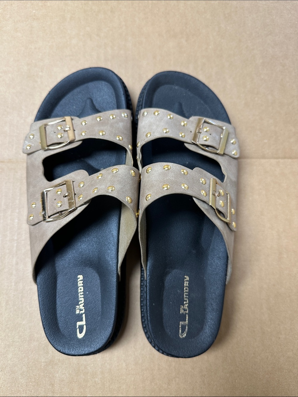 ##850, Wmn size 10, CL by Laundry Beige Double-Buckle Stud Slide Sandals